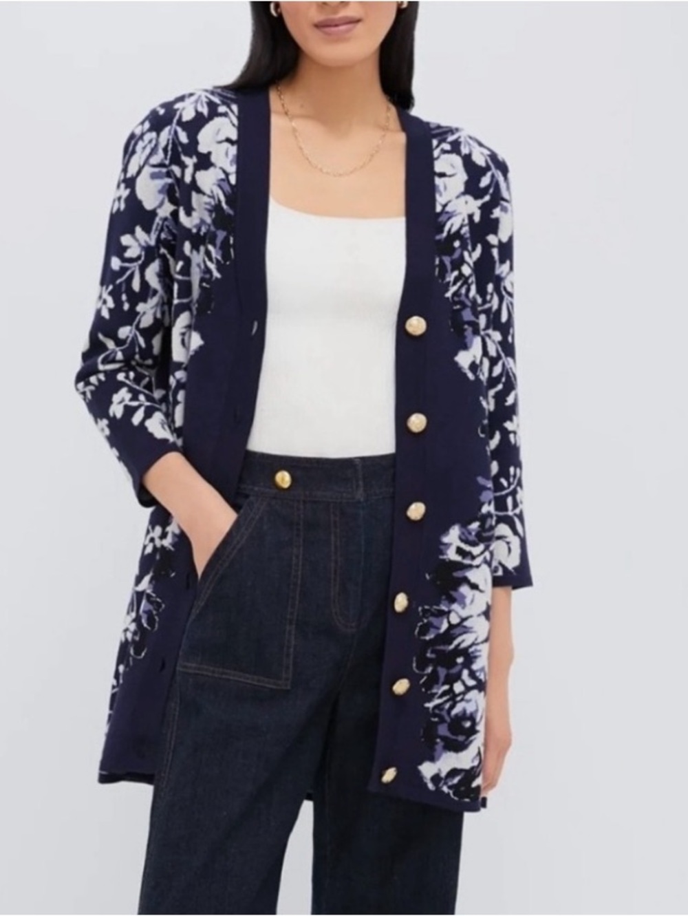 Tuckernuck Floral Horizon Knit Jacquard Cardigan floral navy cream size M - Picture 1 of 17